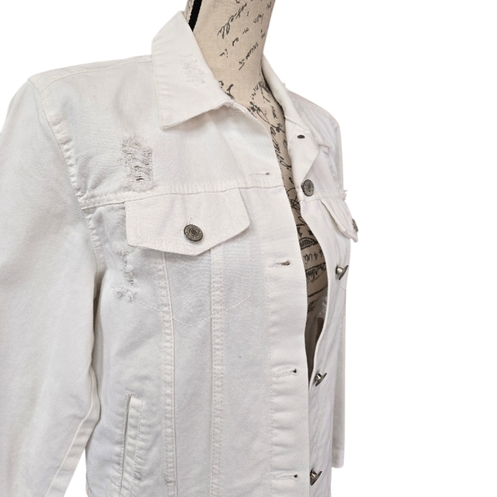 Love Tree Distressed White Denim Jean Jacket L - Picture 4 of 8